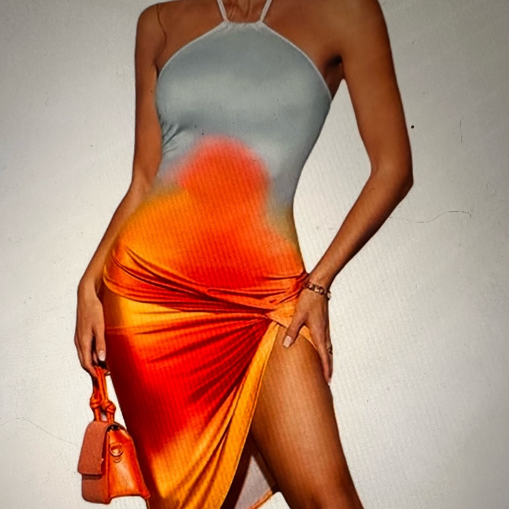 Ombré twist high slit tie halter backless asymmetrical body on midi dress